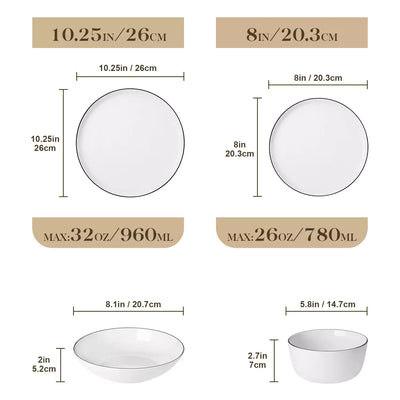 LEXI off-white porcelain dinnerware set including arc-shaped plates with lifted rims and deep rounded bowls#color_black-trim