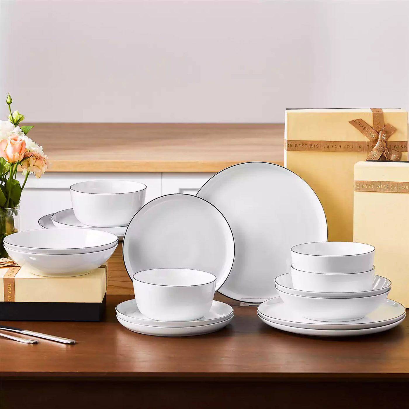LEXI off-white porcelain dinnerware set including arc-shaped plates with lifted rims and deep rounded bowls#color_black-trim