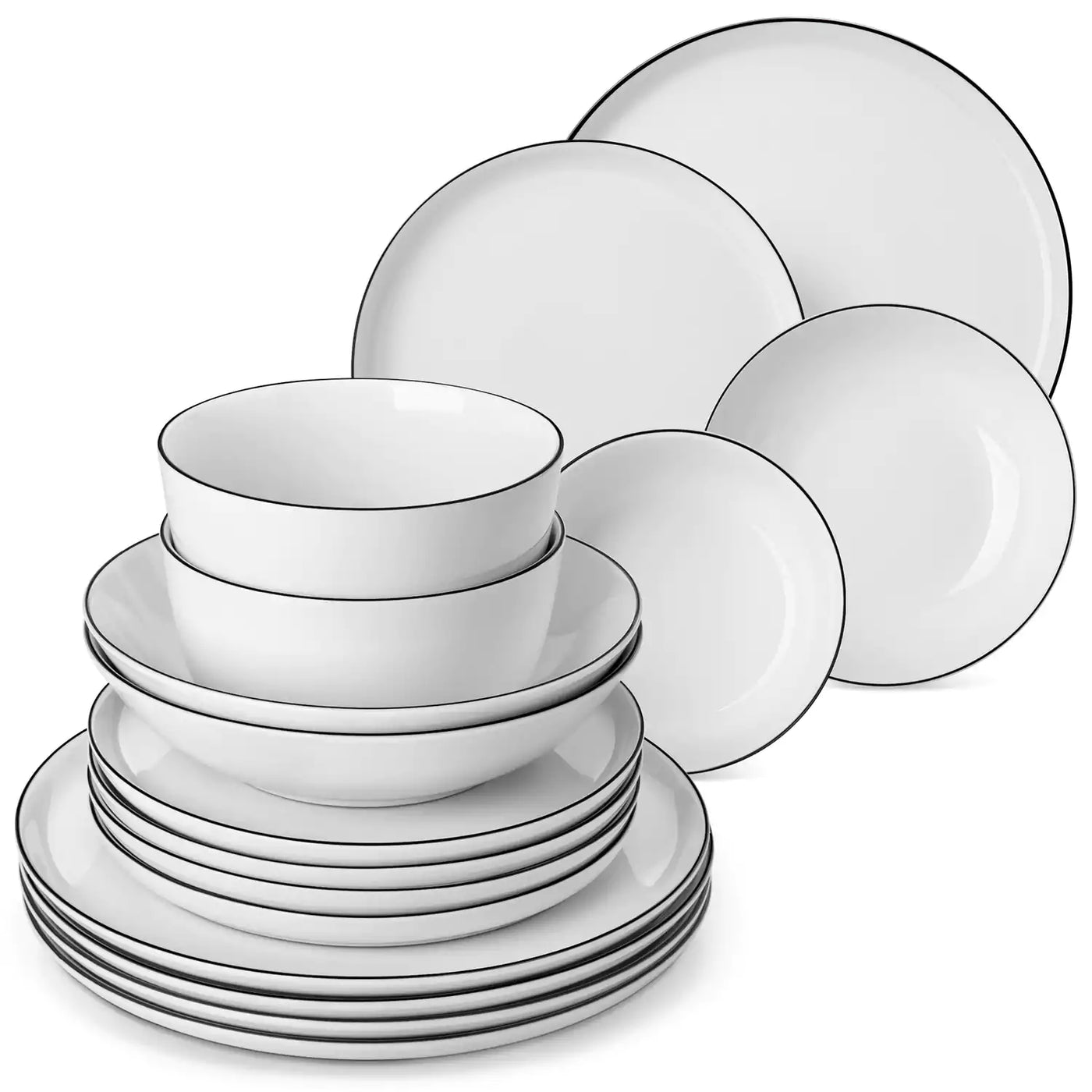 LEXI off-white porcelain dinnerware set including arc-shaped plates with lifted rims and deep rounded bowls#color_black-trim