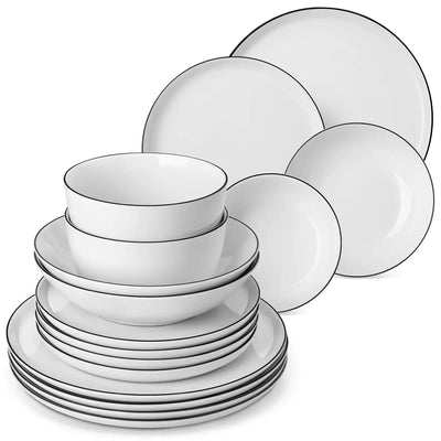 LEXI off-white porcelain dinnerware set including arc-shaped plates with lifted rims and deep rounded bowls#color_black-trim