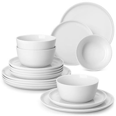 LEXI off-white porcelain dinnerware set including arc-shaped plates with lifted rims and deep rounded bowls#color_white