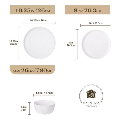 LEXI off-white porcelain dinnerware set including arc-shaped plates with lifted rims and deep rounded bowls#color_white