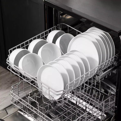 LEXI off-white porcelain dinnerware set including arc-shaped plates with lifted rims and deep rounded bowls#color_white