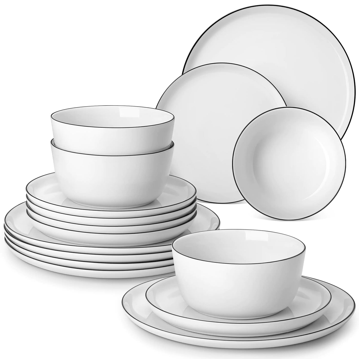 LEXI off-white porcelain dinnerware set including arc-shaped plates with lifted rims and deep rounded bowls#color_black-trim