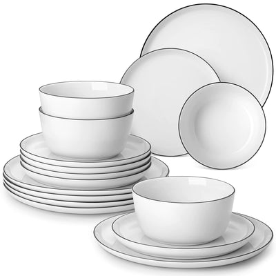 LEXI off-white porcelain dinnerware set including arc-shaped plates with lifted rims and deep rounded bowls#color_black-trim