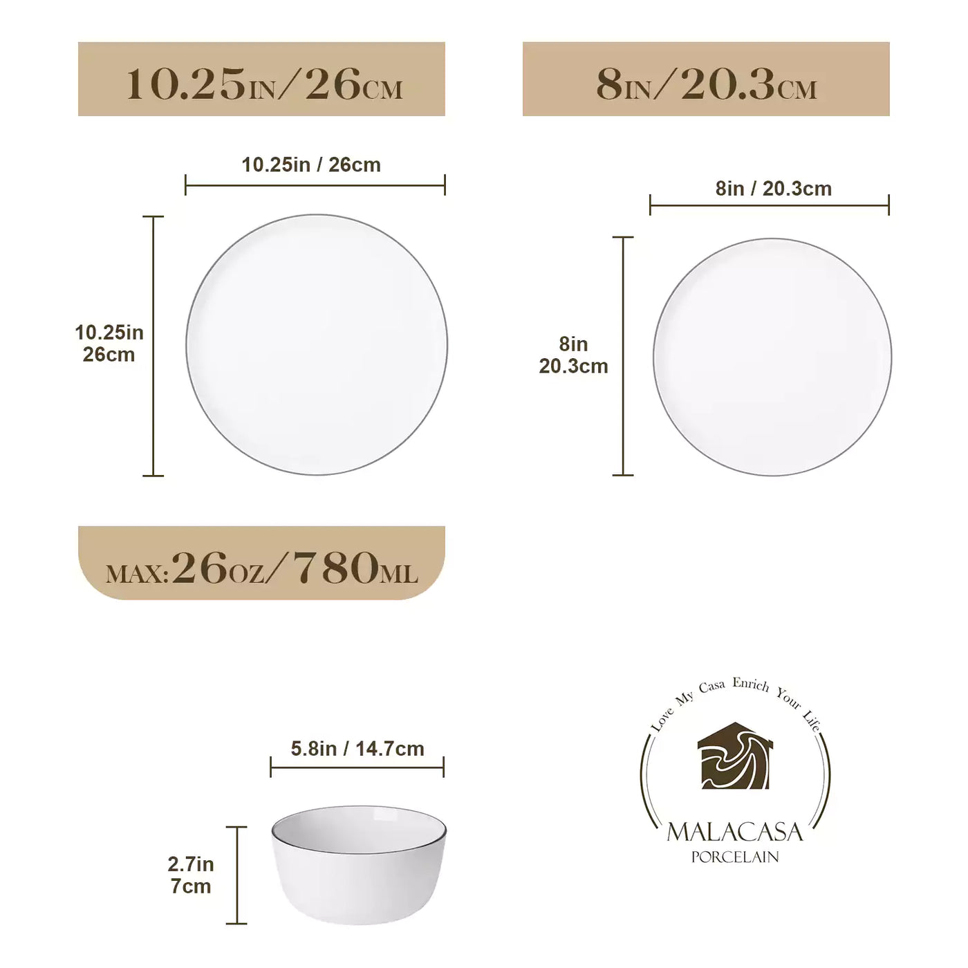 LEXI off-white porcelain dinnerware set including arc-shaped plates with lifted rims and deep rounded bowls#color_black-trim