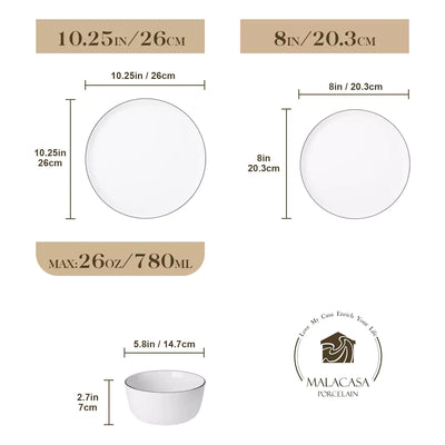 LEXI off-white porcelain dinnerware set including arc-shaped plates with lifted rims and deep rounded bowls#color_black-trim