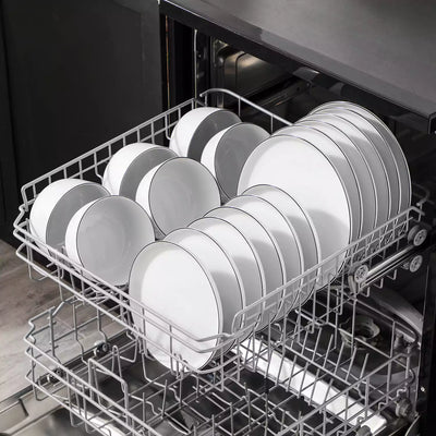 LEXI off-white porcelain dinnerware set including arc-shaped plates with lifted rims and deep rounded bowls#color_black-trim