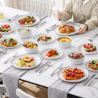 LEXI off-white porcelain dinnerware set including arc-shaped plates with lifted rims and deep rounded bowls#color_black-trim