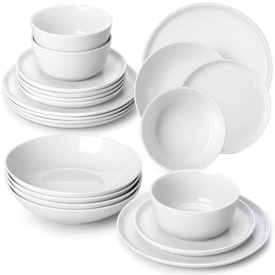 LEXI off-white porcelain dinnerware set including arc-shaped plates with lifted rims and deep rounded bowls#color_white