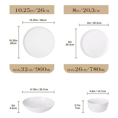 LEXI off-white porcelain dinnerware set including arc-shaped plates with lifted rims and deep rounded bowls#color_white