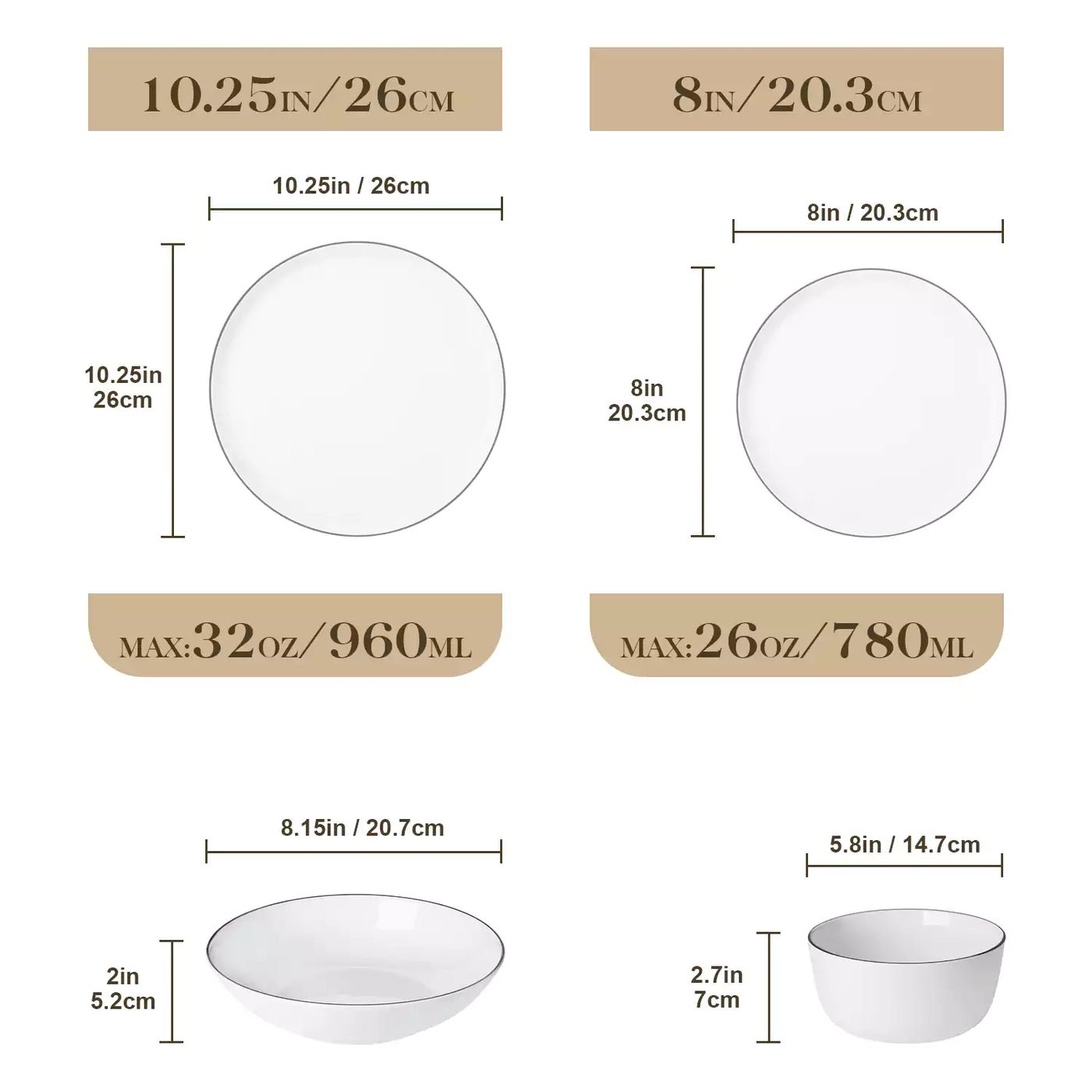 LEXI off-white porcelain dinnerware set including arc-shaped plates with lifted rims and deep rounded bowls#color_black-trim