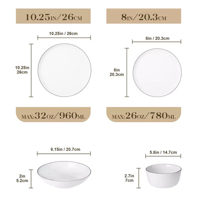 LEXI off-white porcelain dinnerware set including arc-shaped plates with lifted rims and deep rounded bowls#color_black-trim