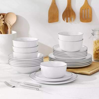 LEXI off-white porcelain dinnerware set including arc-shaped plates with lifted rims and deep rounded bowls#color_black-trim