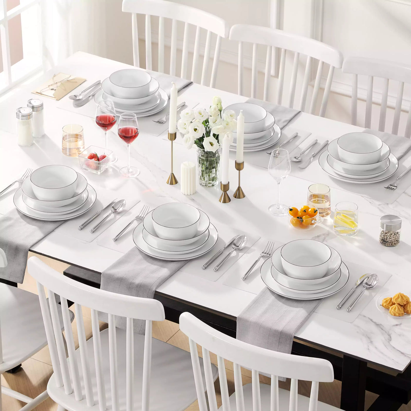 LEXI off-white porcelain dinnerware set including arc-shaped plates with lifted rims and deep rounded bowls#color_black-trim