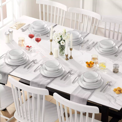 LEXI off-white porcelain dinnerware set including arc-shaped plates with lifted rims and deep rounded bowls#color_black-trim