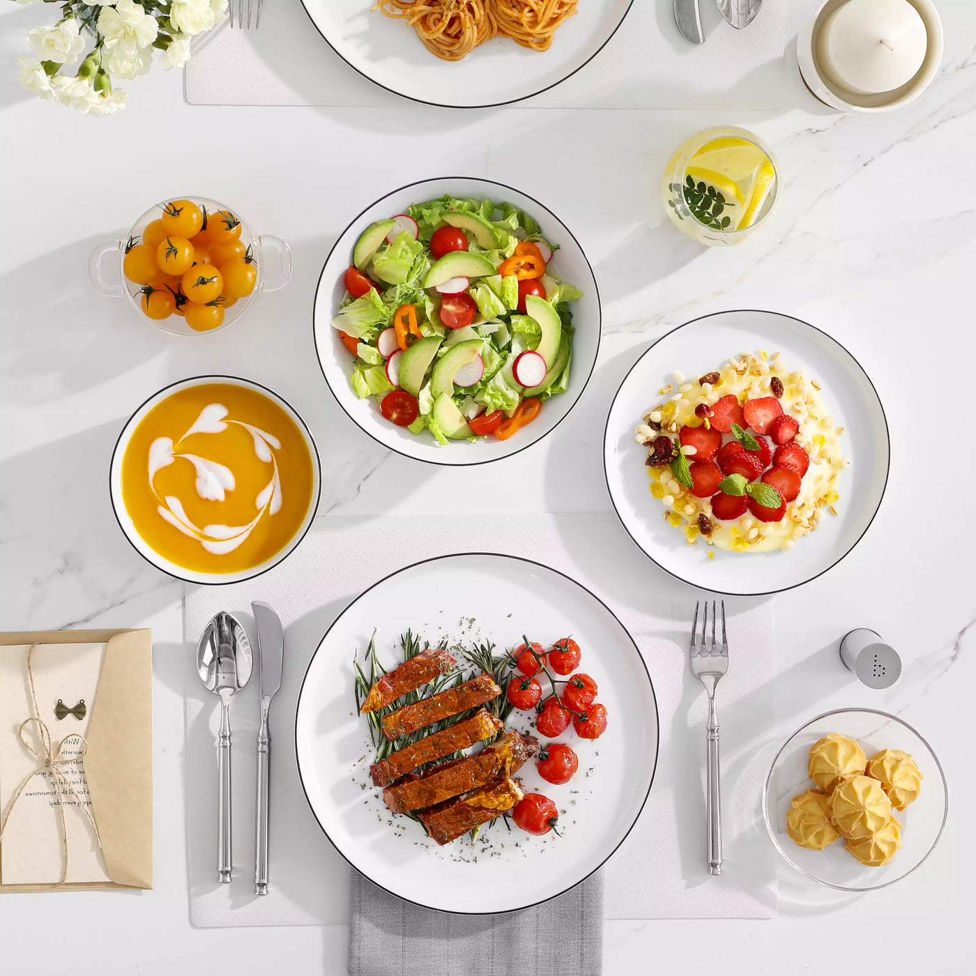 LEXI off-white porcelain dinnerware set including arc-shaped plates with lifted rims and deep rounded bowls#color_black-trim