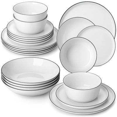 LEXI off-white porcelain dinnerware set including arc-shaped plates with lifted rims and deep rounded bowls#color_black-trim