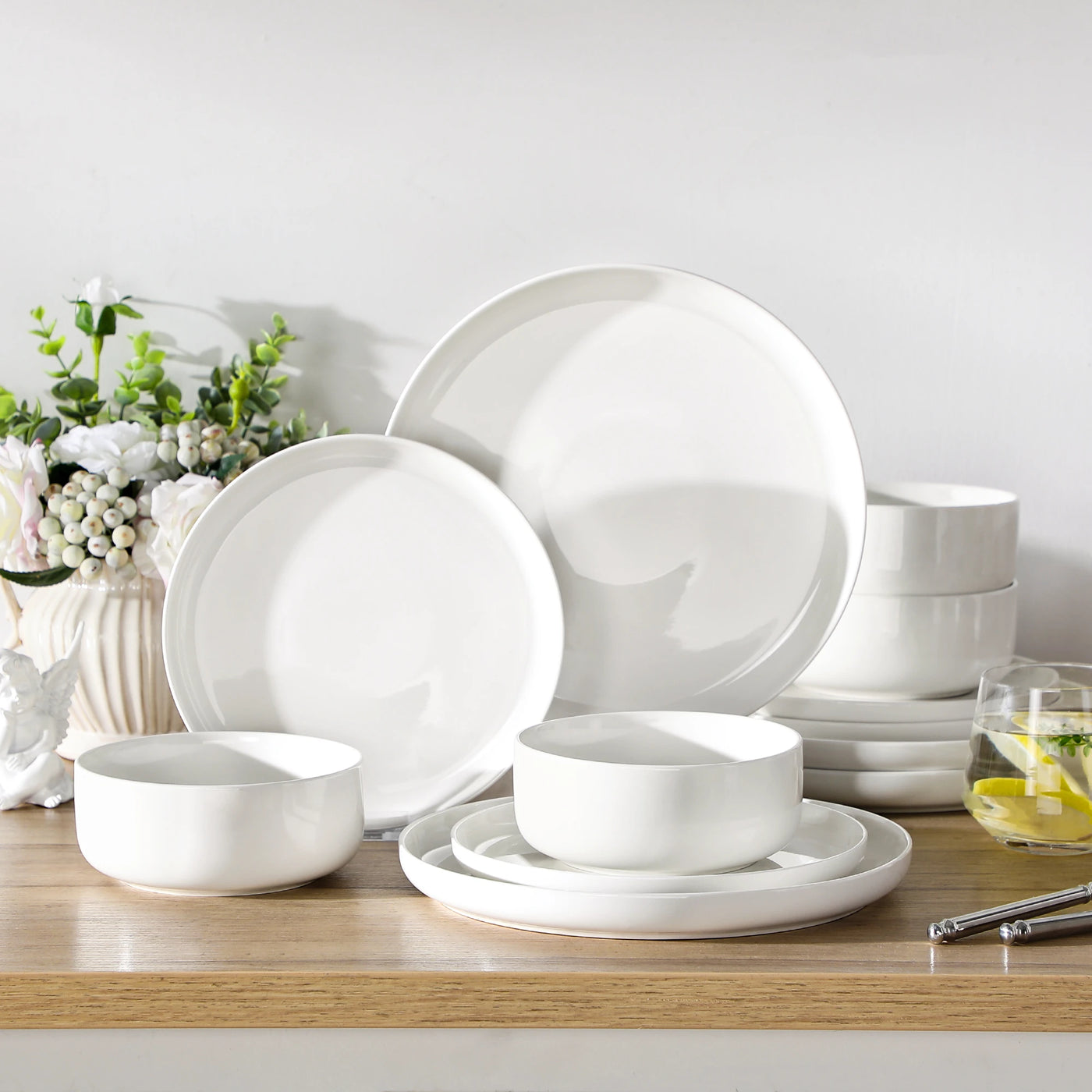 Flat Round Luna 12 Piece Dinnerware Set - Ivory White#color_ivory-white