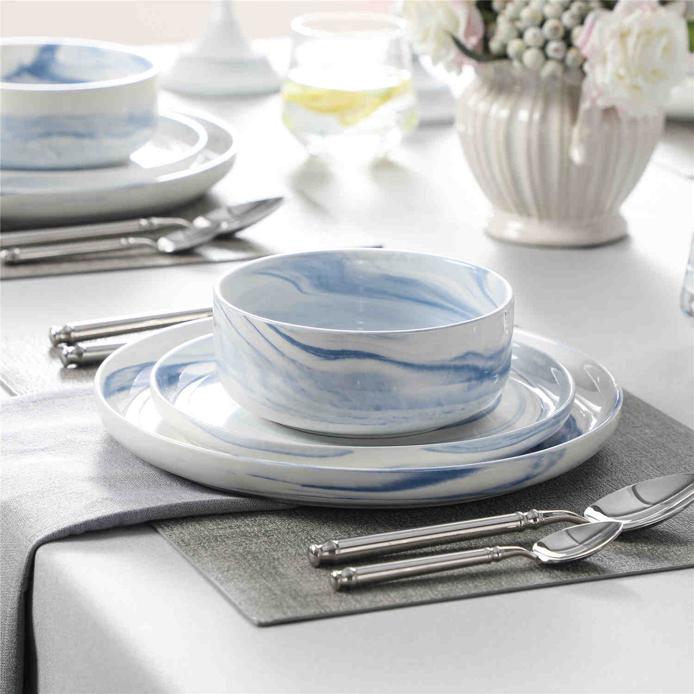 Flat Round Luna 12 Piece Dinnerware Set - Marble Blue#color_marble-blue