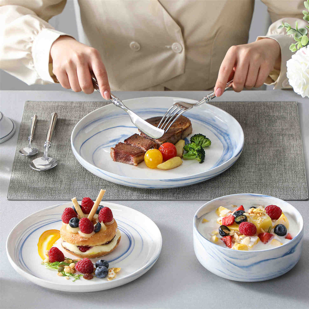 MALACASA Luna 12-Piece Porcelain Dinnerware Set for 4 | Marble Blue
