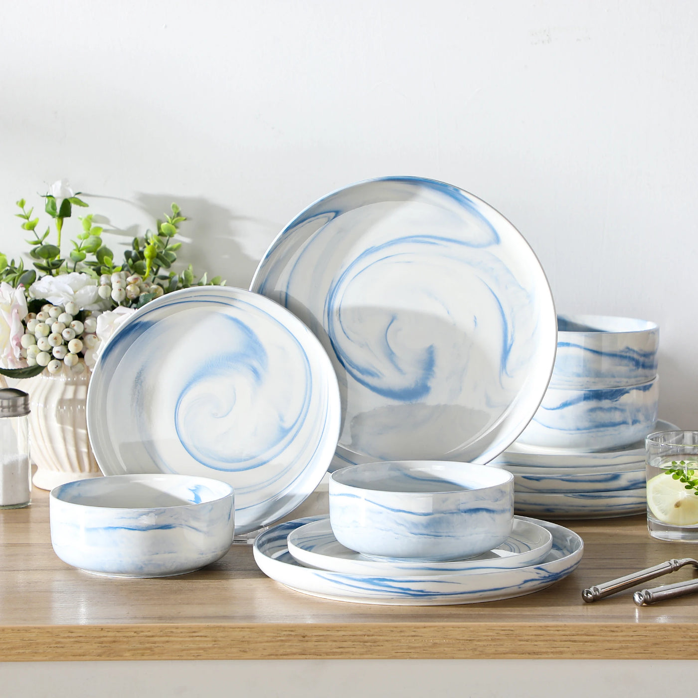 Flat Round Luna 12 Piece Dinnerware Set - Marble Blue#color_marble-blue