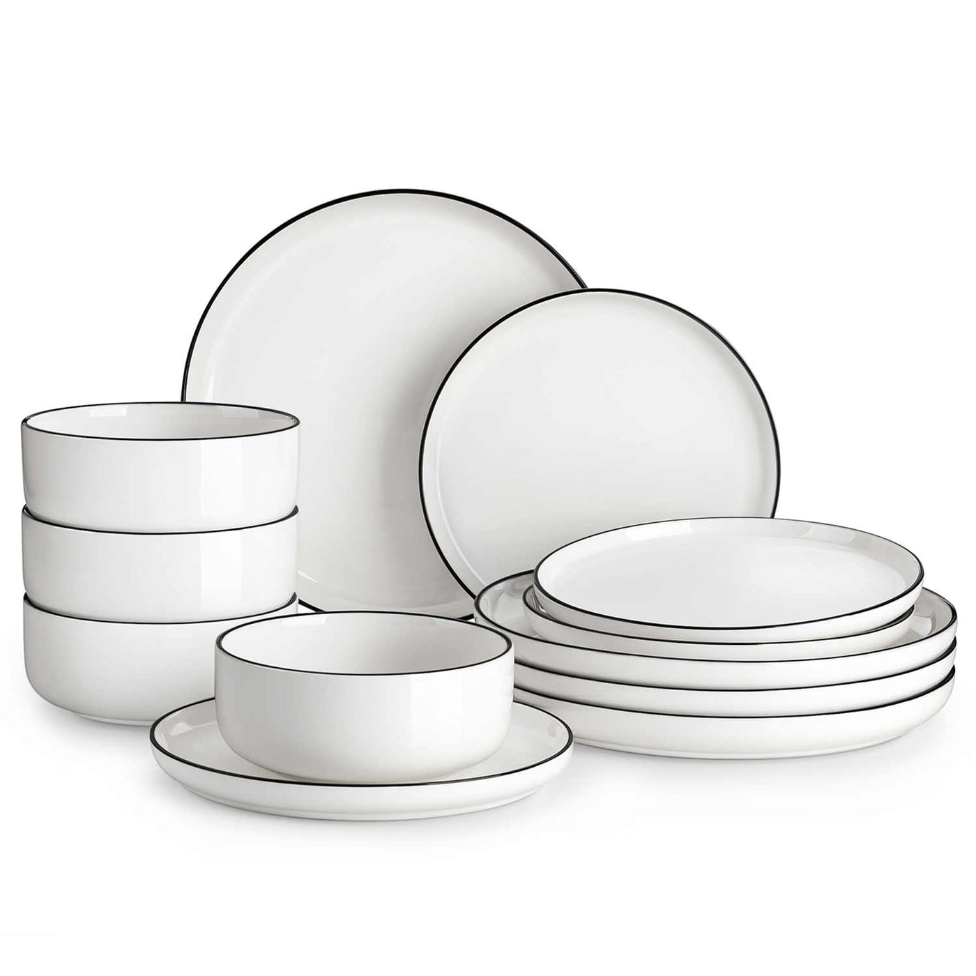 Flat Round Luna 12 Piece Dinnerware Set - Black Trim#color_black-trim