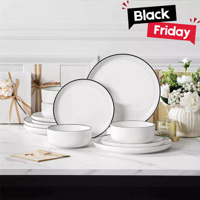 Flat Round Luna 12 Piece Dinnerware Set - Black Trim#color_black-trim