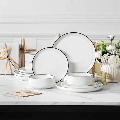 Flat Round Luna 12 Piece Dinnerware Set - Black Trim#color_black-trim