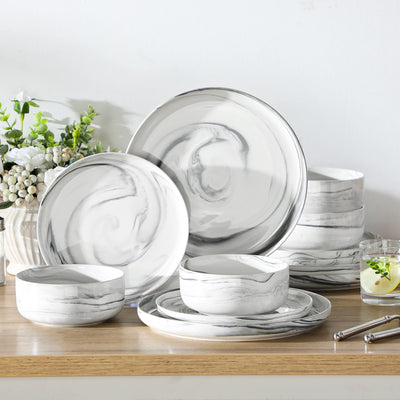 Flat Round Luna 12 Piece Dinnerware Set - Marble Grey#color_marble-grey