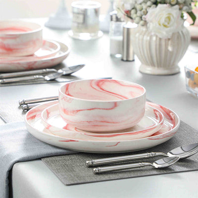 Flat Round Luna 12 Piece Dinnerware Set - Marble Pink#color_marble-pink
