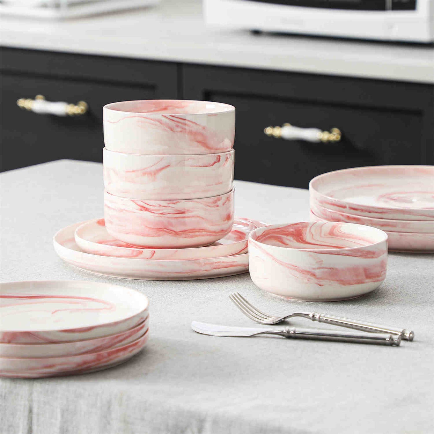 Flat Round Luna 12 Piece Dinnerware Set - Marble Pink#color_marble-pink