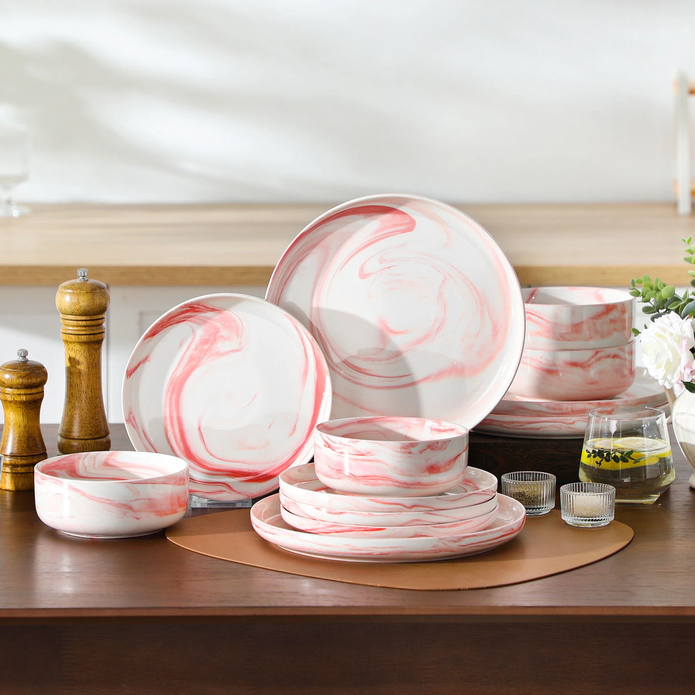 Flat Round Luna 12 Piece Dinnerware Set - Marble Pink#color_marble-pink