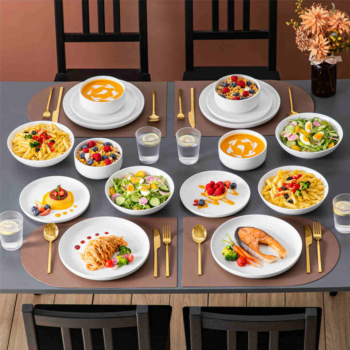 MALACASA Flat Round Luna 16 Piece Dinnerware Set with Soup Plates and Bowls - Ivory White#color_ivory-white