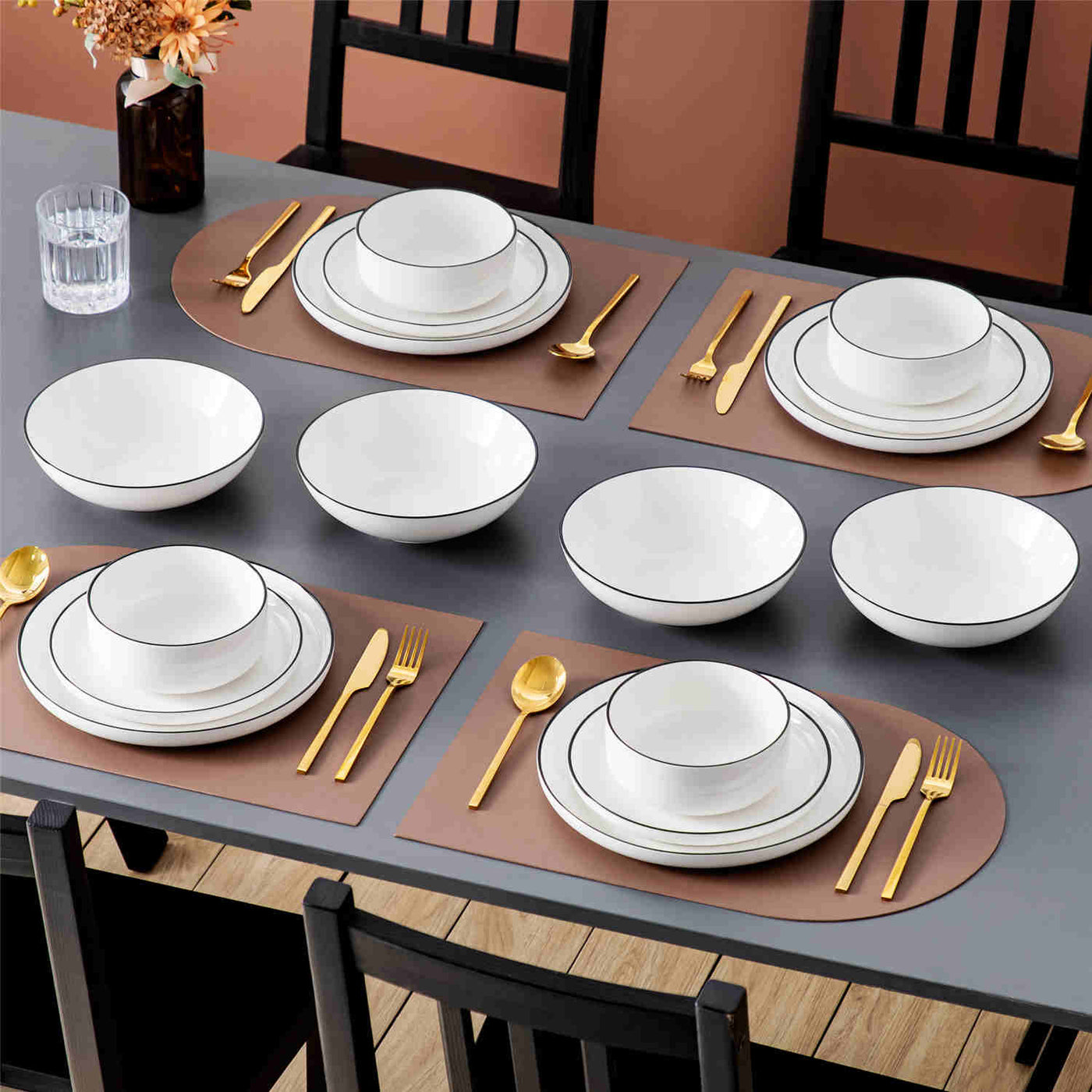 MALACASA Flat Round Luna 16 Piece Dinnerware Set with Soup Plates and Bowls - Black Trim#color_black-trim