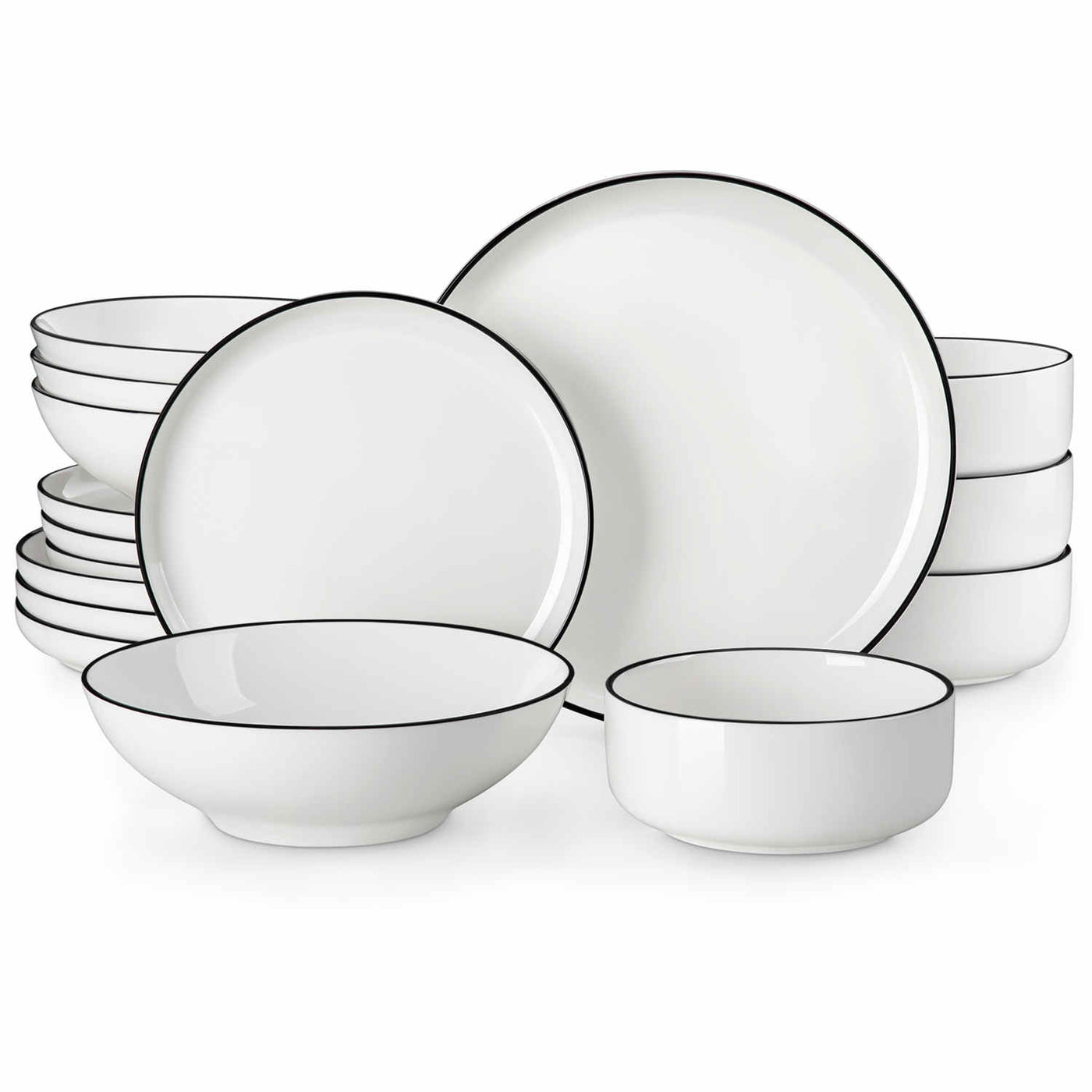 MALACASA Flat Round Luna 16 Piece Dinnerware Set with Soup Plates and Bowls - Black Trim#color_black-trim