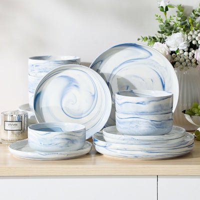 MALACASA Luna 18 piece marble blue porcelain dinnerware set, plates and bowls set for 6#color_marble-blue