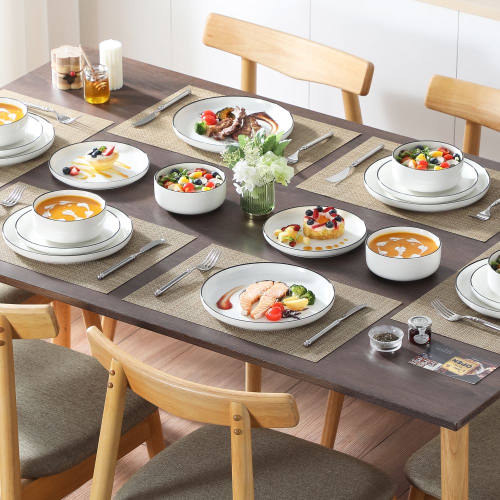 MALACASA Luna 18 piece white with black trim porcelain dinnerware set, plates and bowls set for 6#color_black-trim