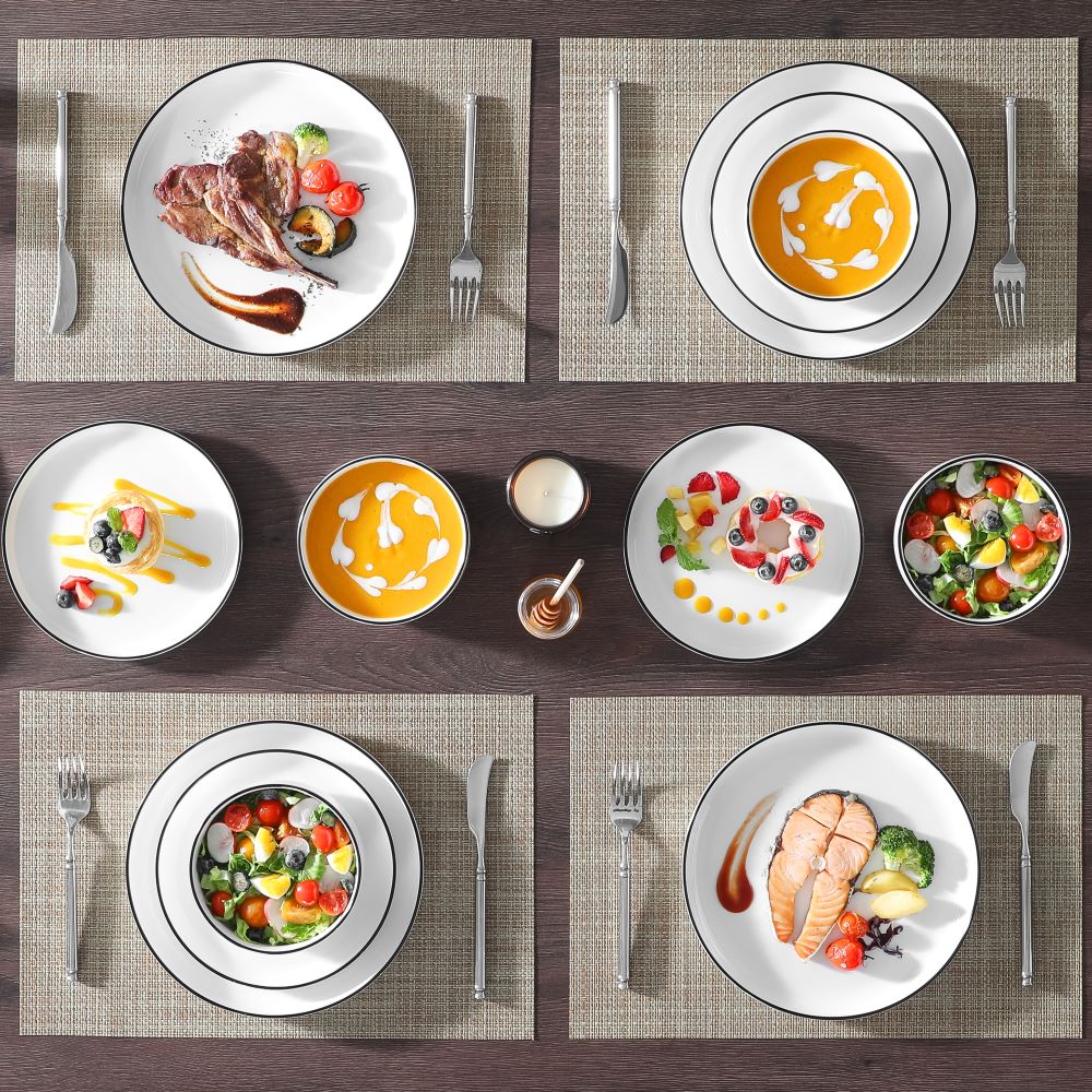 MALACASA Luna 18 piece white with black trim porcelain dinnerware set, plates and bowls set for 6#color_black-trim