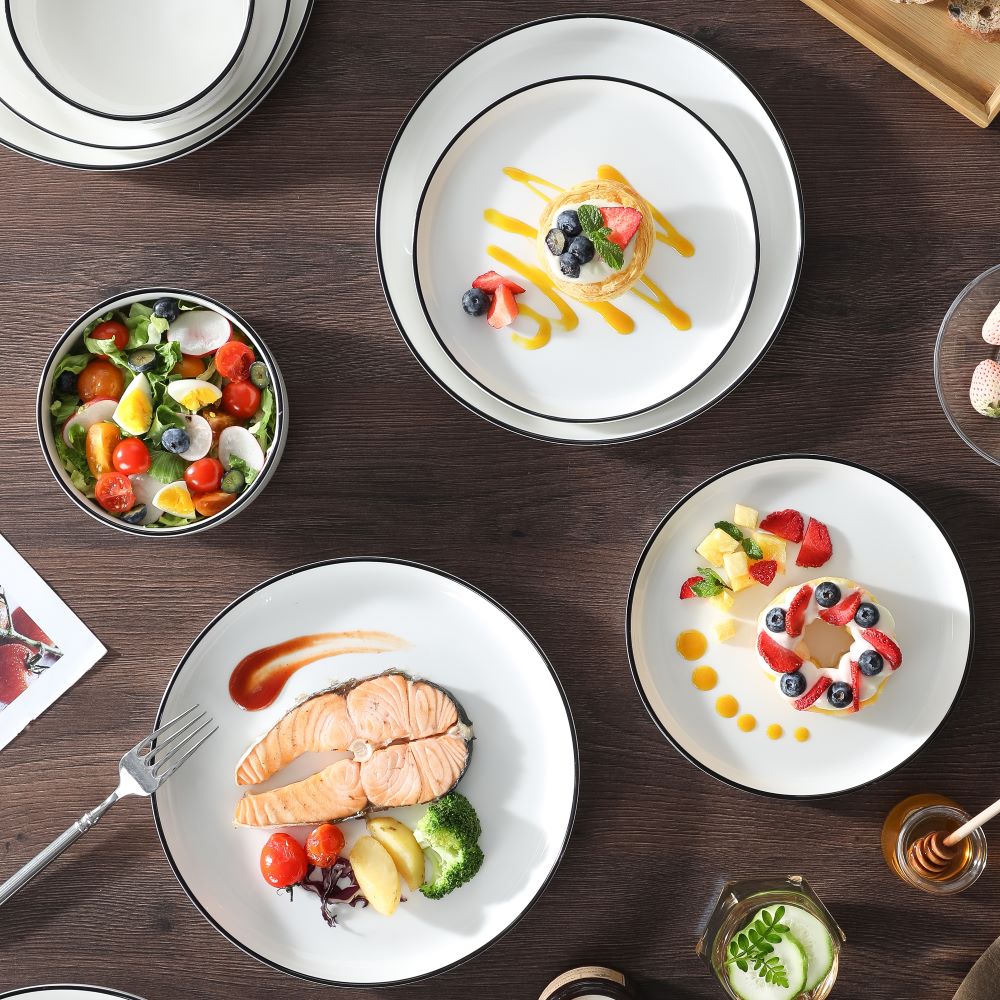 MALACASA Luna 18 piece white with black trim porcelain dinnerware set, plates and bowls set for 6#color_black-trim