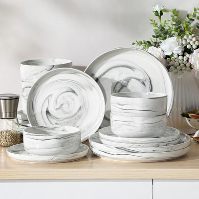 MALACASA Luna 18 piece marble grey porcelain dinnerware set, plates and bowls set for 6#color_marble-grey