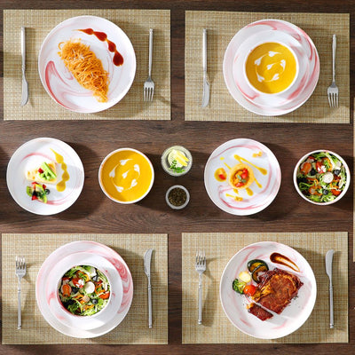 MALACASA Luna 18 piece marble pink porcelain dinnerware set, plates and bowls set for 6#color_marble-pink