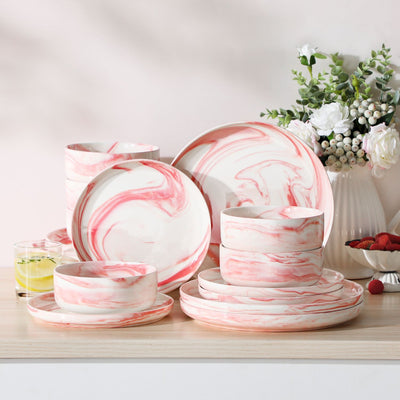 MALACASA Luna 18 piece marble pink porcelain dinnerware set, plates and bowls set for 6#color_marble-pink