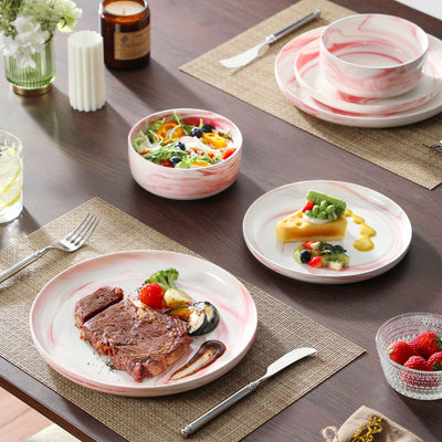 MALACASA Luna 18 piece marble pink porcelain dinnerware set, plates and bowls set for 6#color_marble-pink