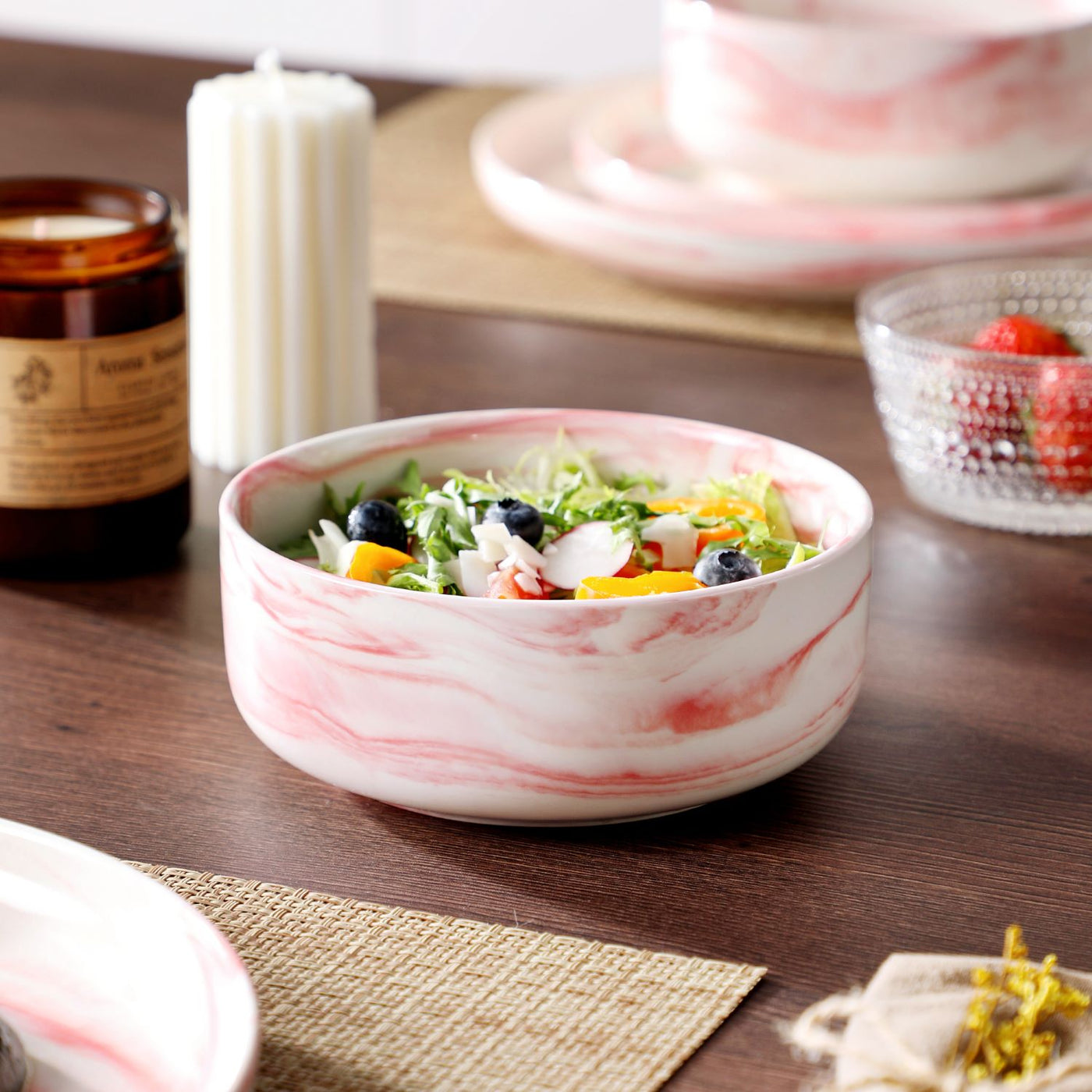 MALACASA Luna 18 piece marble pink porcelain dinnerware set, plates and bowls set for 6#color_marble-pink