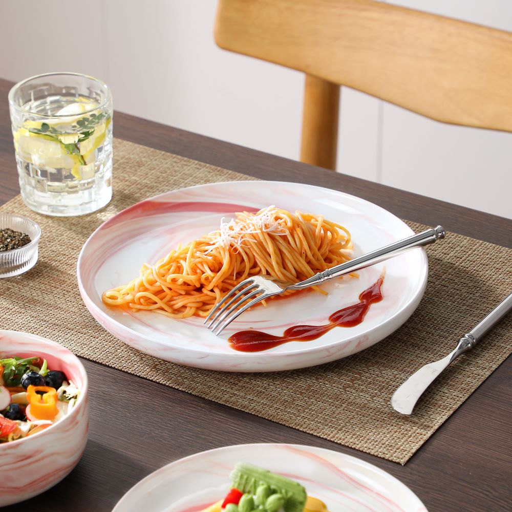 MALACASA Luna 18 piece marble pink porcelain dinnerware set, plates and bowls set for 6#color_marble-pink