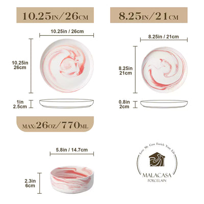 Flat Round Luna 12 Piece Dinnerware Set - Marble Pink#color_marble-pink