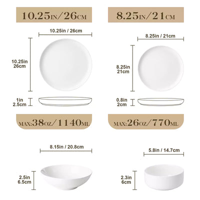 MALACASA Flat Round Luna 24 Piece Dinnerware Set with Soup Plates and Bowls - Ivory White#color_ivory-white