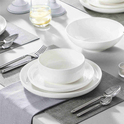 MALACASA Flat Round Luna 24 Piece Dinnerware Set with Soup Plates and Bowls - Ivory White#color_ivory-white