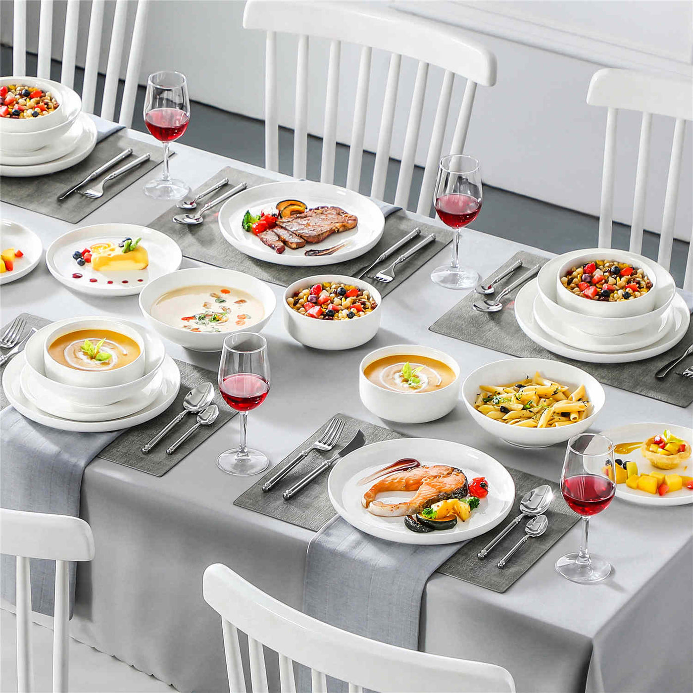 MALACASA Flat Round Luna 24 Piece Dinnerware Set with Soup Plates and Bowls - Ivory White#color_ivory-white